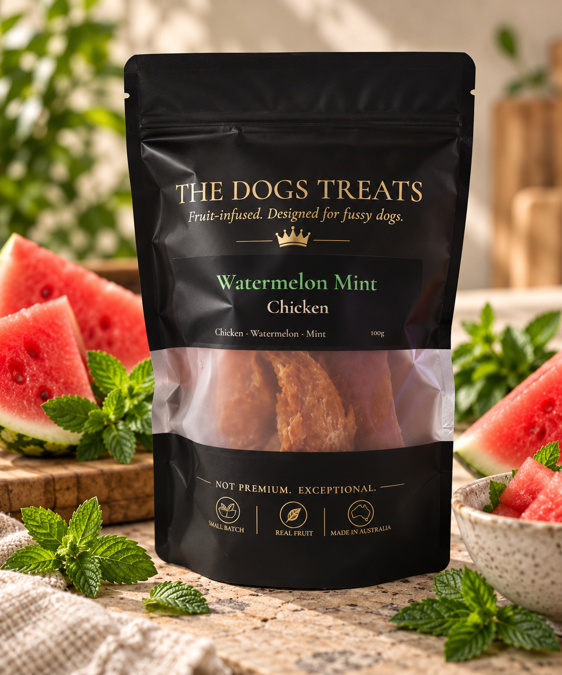 Black matte pouch of Watermelon Mint Chicken dog jerky from The Dogs Treats